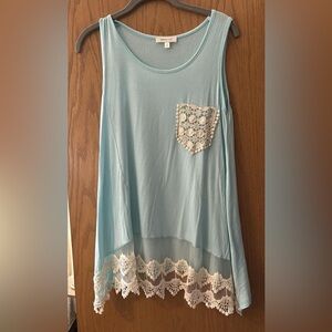 Light Blue long tank with Crochet Pocket and Hem